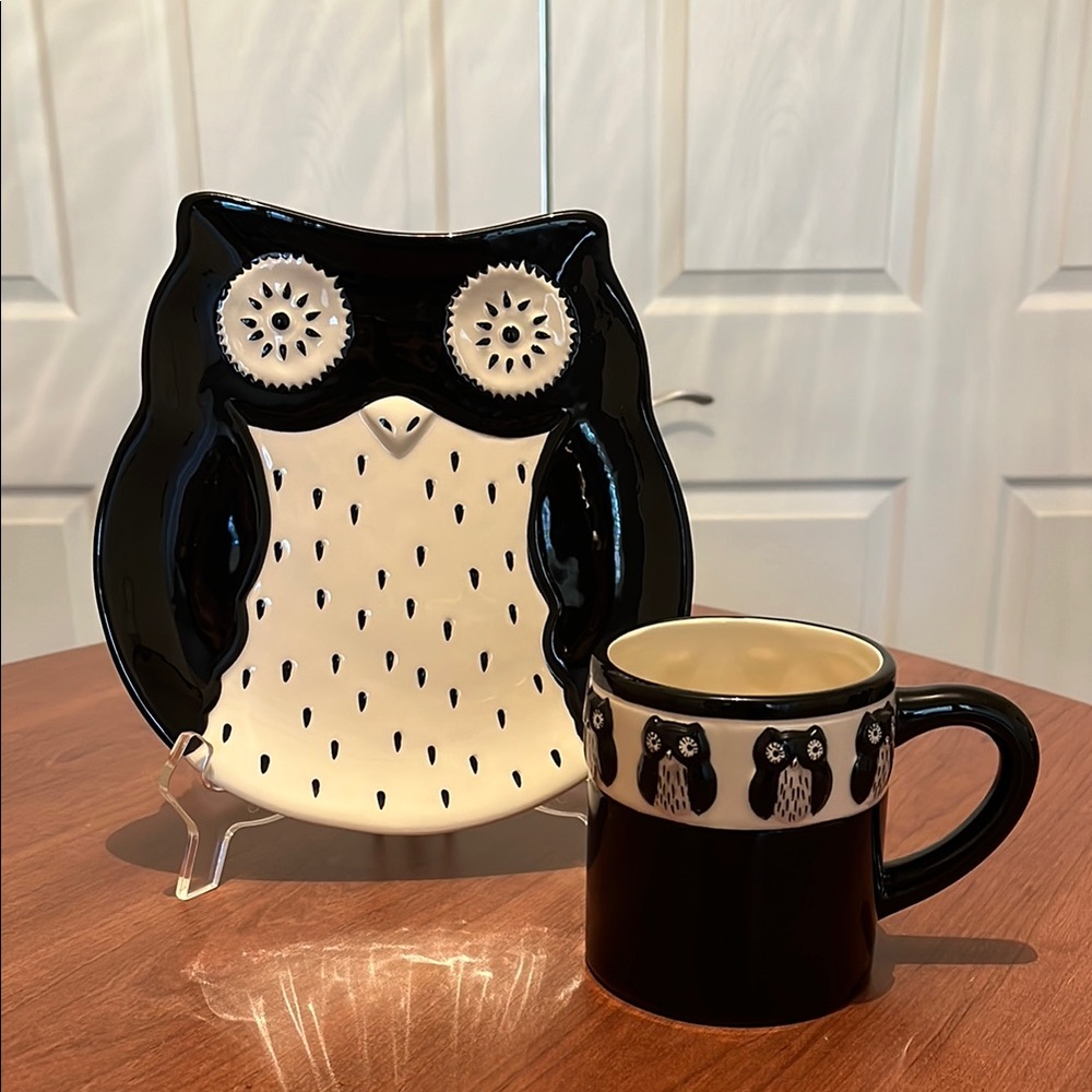 Ceramic Owl Plate and Mug Set - Black and White